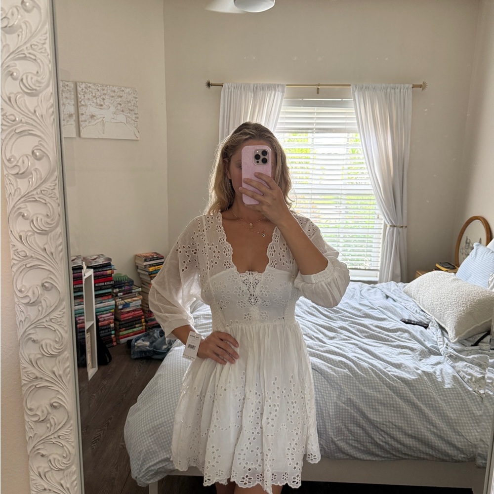Free People White Embellished Long Sleeve Sundress
